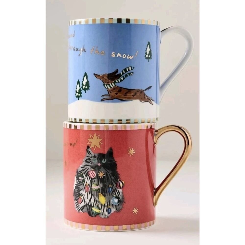 Anthropologie Caroline Holiday Creature Comforts Mug Dog Dachshund Cat Set of 2